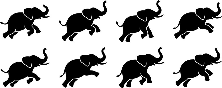 Collection of black elephant silhouettes in walking and dynamic poses for animal themed graphic design compositions
