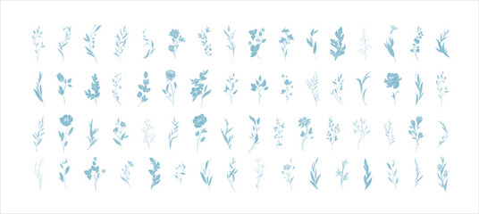 Obraz premium Set of various flowers and branch in silhouette or linocut drawing style. Luxury floral collection for wedding invitation, wallpaper art or save the date card