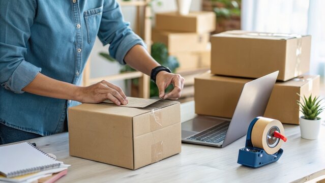 Person packing a cardboard box at a desk with a laptop, tape dispenser, and more boxes, suggesting e-commerce or shipping preparation.