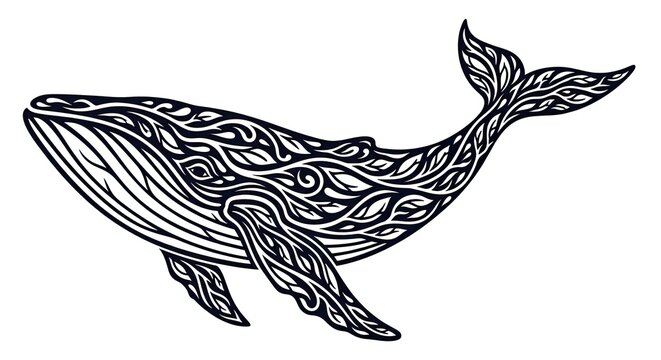 Elegant ornate whale illustration with intricate leaf patterns, black and white line art vector graphic design element