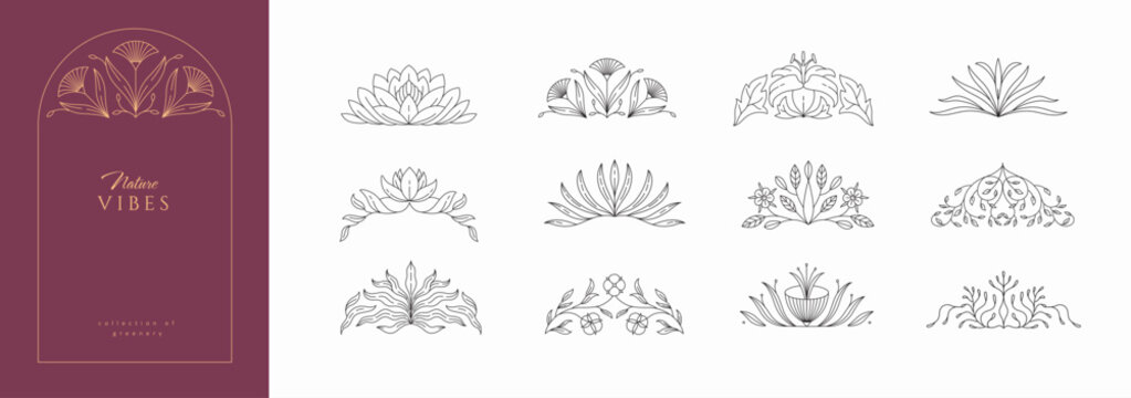 Frame constructor of boho floral design elements. Delicate botanical branch in arcs form with flowers and leaves, intricate hand drawn details. Botanical
