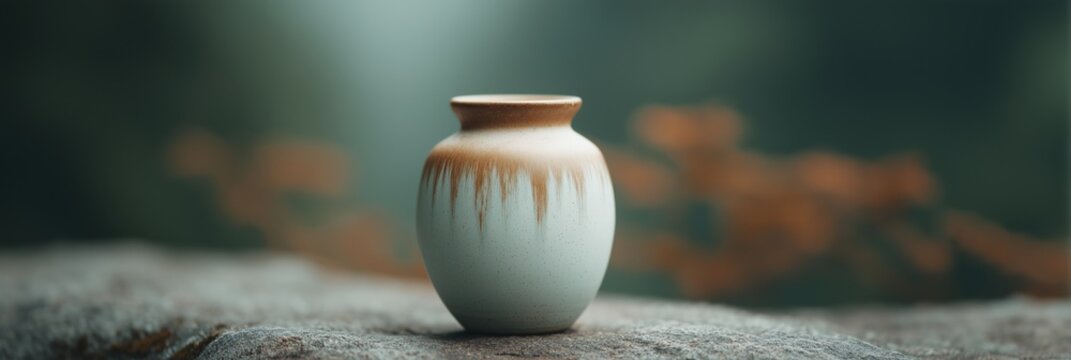 Small ceramic vase with brown drip glaze on rock surface. Simple pottery art with rustic texture and blurred green background