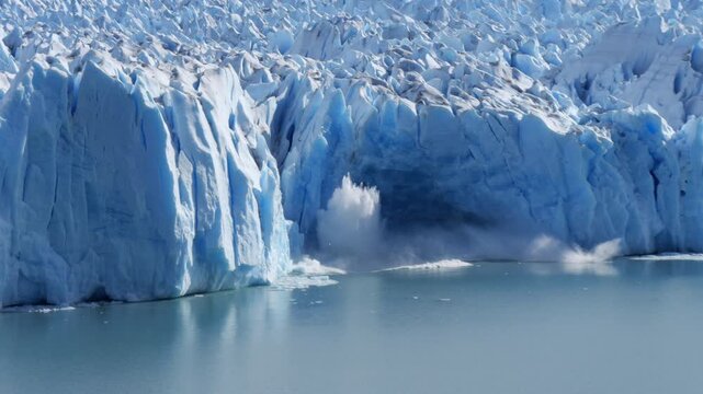 Ice collapsing from Perito Moreno Glacier into icy water in Patagonia.