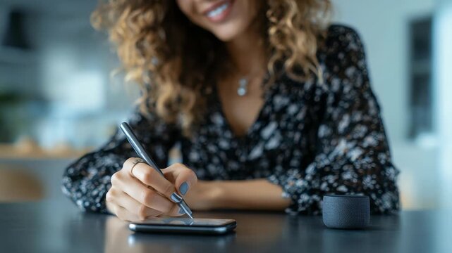 Young woman with curly hair writes on smartphone screen using a stylus pen while sitting at a modern table. She is focused and engaged, wearing a stylish patterned blouse in a bright workspace