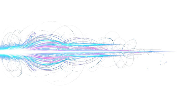 Abstract light streak with glowing blue and purple neon filaments, swirling energy trails, and radiating particles on a solid black background