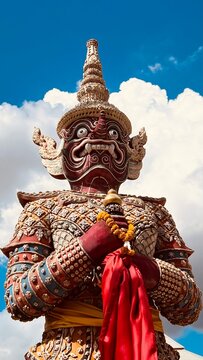 Thao Wessuwan guardian statue under sunny sky in Thailand