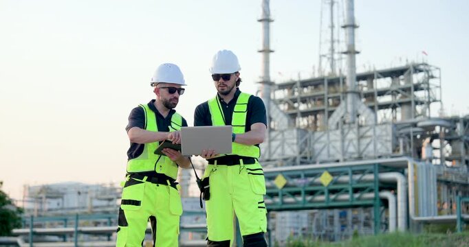 Multiracial male refinery engineer points across petrochemical plant while technician holds laptop, reviewing pipeline inspection data for safety compliance, field maintenance, risk workflow.