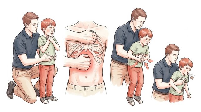 A man demonstrates first aid techniques for choking in children. The guide shows the steps for the Heimlich maneuver and signs of distress.