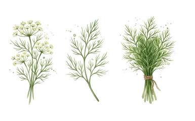 Fototapeta premium Watercolor dill clipart set with fresh green branches, bundle tied with twine, and blooming yellow dill umbrella flowers isolated on white background 