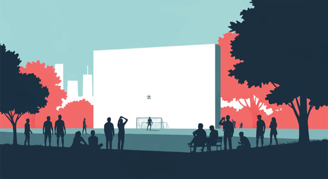Silhouettes of people watching a soccer game projected onto a large white exterior wall in a public park, trees and city silhouettes, limited palette of 4 colors, minimalist flat vector artwork,