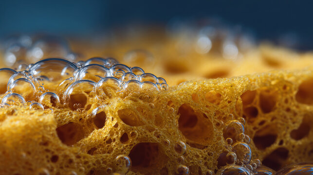 Extreme macro close-up of porous yellow sponge surface covered with transparent soap bubbles and moisture. Detailed cleaning texture concept illustrating absorption, household hygiene, scrubbing mater