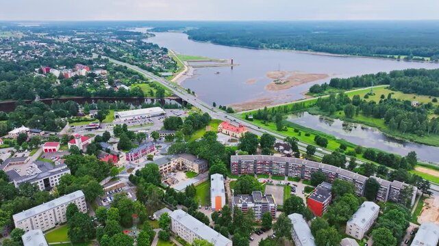 Drone flying backward, Ogre showcasing Soviet residential neighborhood patterns