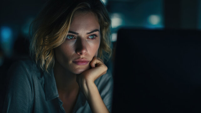 Focused woman working late on a laptop in a dimly lit office environment. Young professional concentrating on work during overtime hours, representing stress, deadlines, digital work, and modern remot