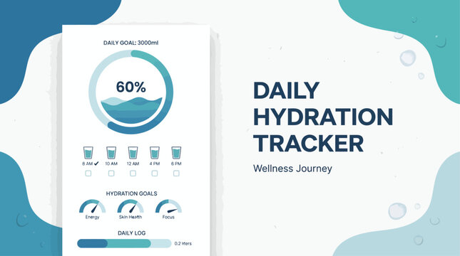 Daily hydration tracker app interface template layout with water intake percentage wheel and minimalist goal charts
