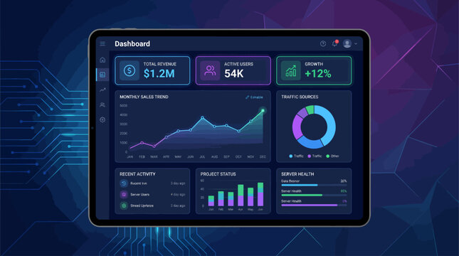 Corporate financial analytics dashboard screen displaying revenue growth charts traffic metrics and bar graphs