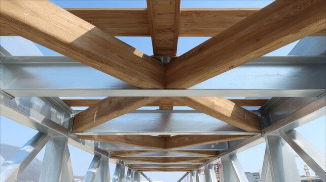 Wooden beams intersecting metal truss in outdoor bridge ceiling
