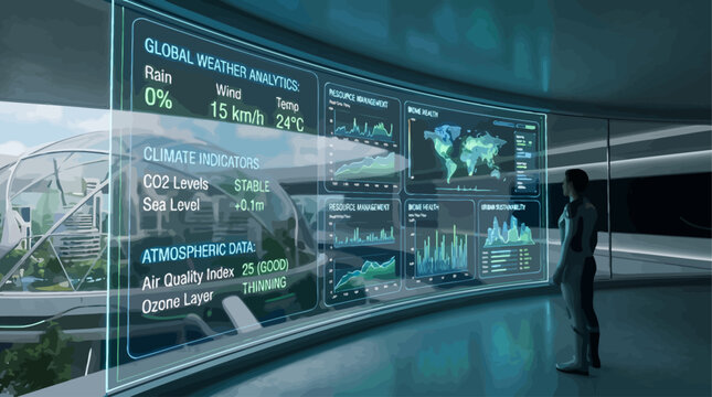 Global weather analytics screen interface displaying digital live climate telemetry environmental data and heat maps