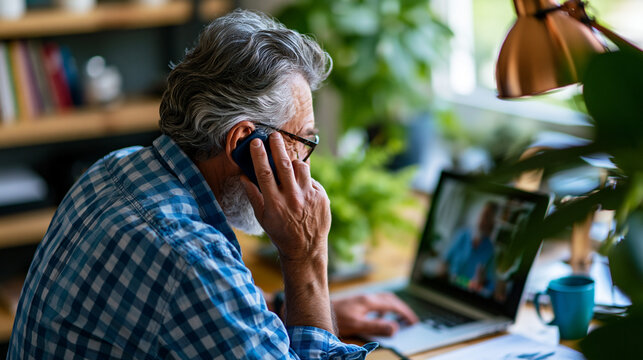 A European male healthcare professional viewed from behind talks on a soft phone during a bright telemedicine video consultation at calm home office daylight phone telemedicine