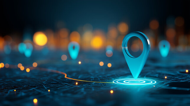Glowing geolocation network with digital map pins and connected route points, GPS navigation, smart delivery, transportation data, fleet tracking and logistics technology concept.
