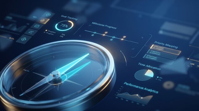 Digital compass interface showing real-time navigation data and performance analytics against a dark blue technological background, representing direction and data-driven decision making.