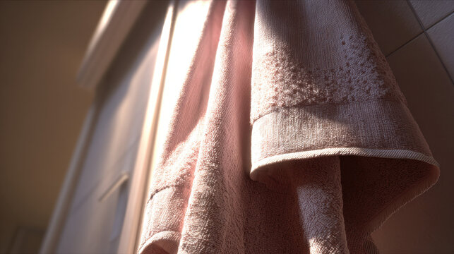 Close-up view of a soft towel hanging near a bright window with warm sunlight illuminating detailed woven fabric texture. Cozy domestic scene with natural light, textile detail, and minimalist interio