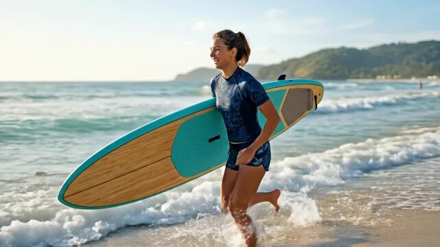 Young woman holding a sup board and running into sea waves with splashes, dynamic summer action scene with adventure, coastal energy and active travel appeal for water sport and vacation themes,