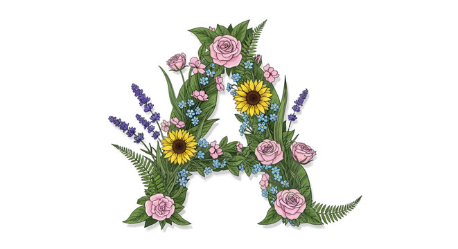 Floral letter A illustrated with colorful spring flowers and green leaves isolated on white