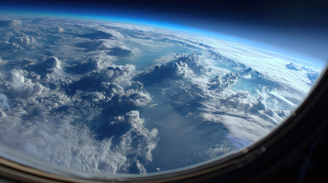 Cinematic orbital view of Earth through a capsule window featuring atmospheric curvature, dramatic cloud formations, and deep space surroundings. Realistic space travel imagery with immersive perspect