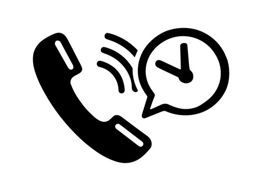 Bold black telephone handset with motion lines beside a speech bubble containing a clock, representing timely communication and callback reminders. Customer service call concept icon.