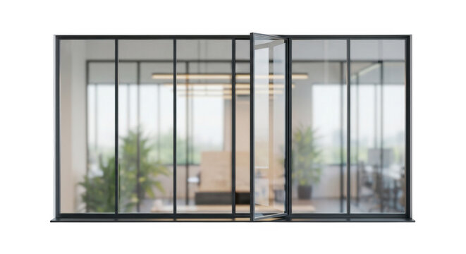 Black framed glass partition wall with an open hinged door revealing a blurred office interior with green potted plants and lighting