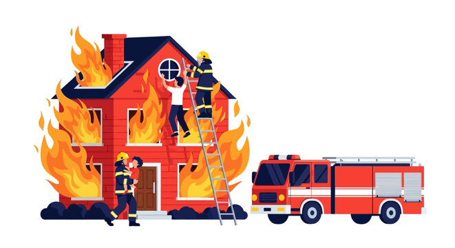 Firefighters rescuing person from burning house with fire truck nearby