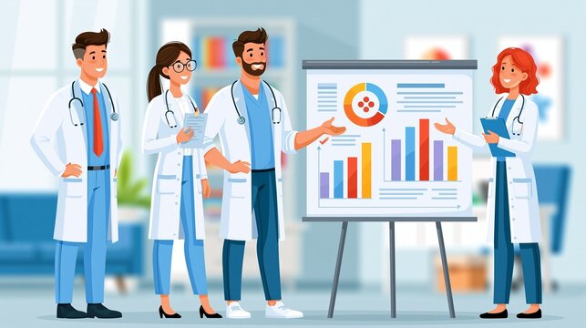 Collaborative medical team presenting data on decreased adverse drug events with a clean infographic design captured in medium shot with vibrant focus on the board and blurred
