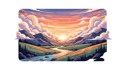 Vibrant Sunset Over a Serene Mountain Valley with a Winding River © Sumia