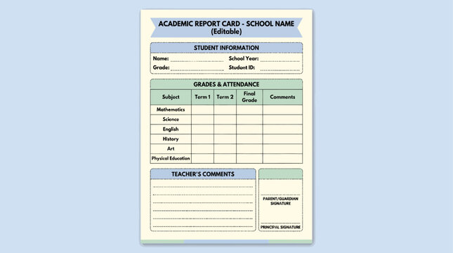 Academic report card editable spreadsheet template layout for school student grades attendance and teacher evaluation