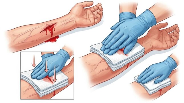 Two hands are applying direct pressure to a bleeding wound on an arm using bandages. This illustrates a first aid technique for emergencies.