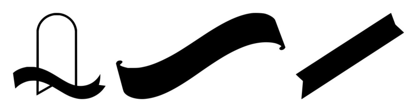 Bookmark ribbon icon set with solid black silhouette on white background featuring minimalist, vector illustration, design resource with bookmarks and ribbons