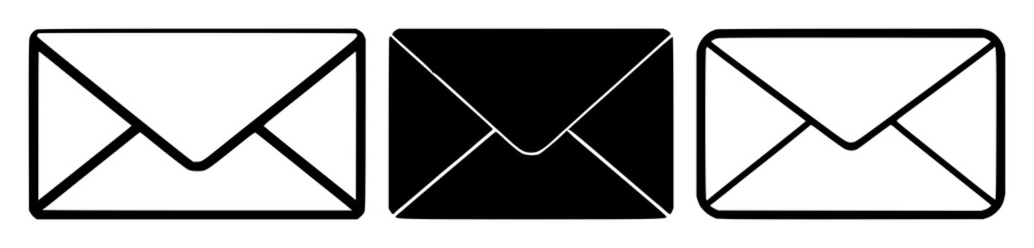 Mail envelope set with solid black icon on white background featuring envelope icon, flat design, silhouette with vector and illustration
