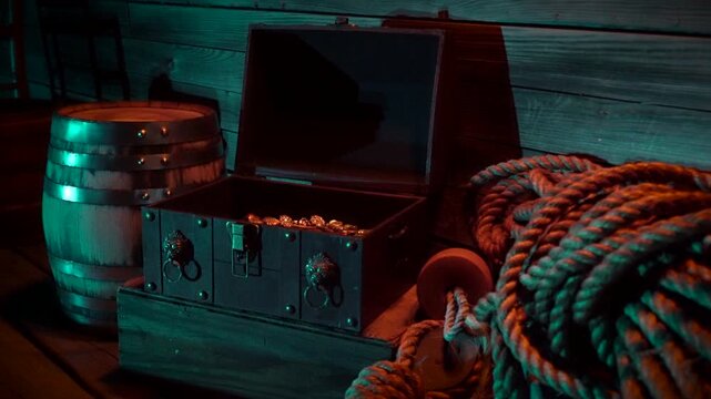 Open treasure chest sits among traditional shipping equipment.