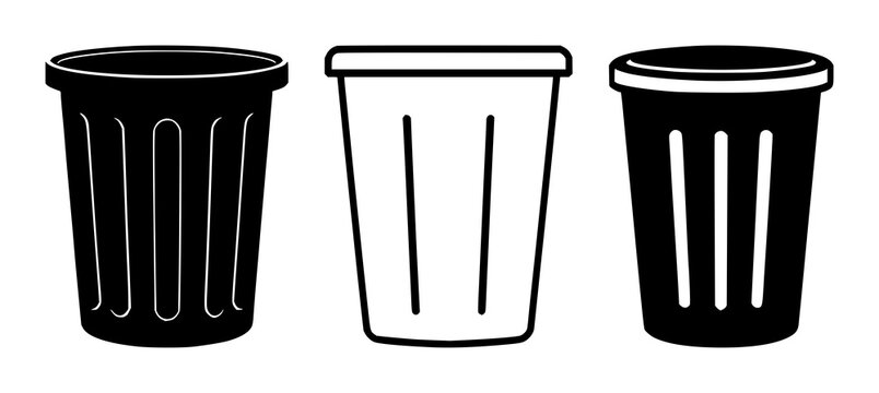 Trash can delete icon set with solid black silhouette on white background featuring icon, graphic, illustration with simplicity and clarity