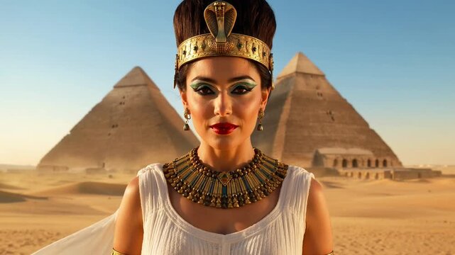 Majestic Egyptian Queen Standing Before Ancient Pyramids in Golden Desert Landscape.