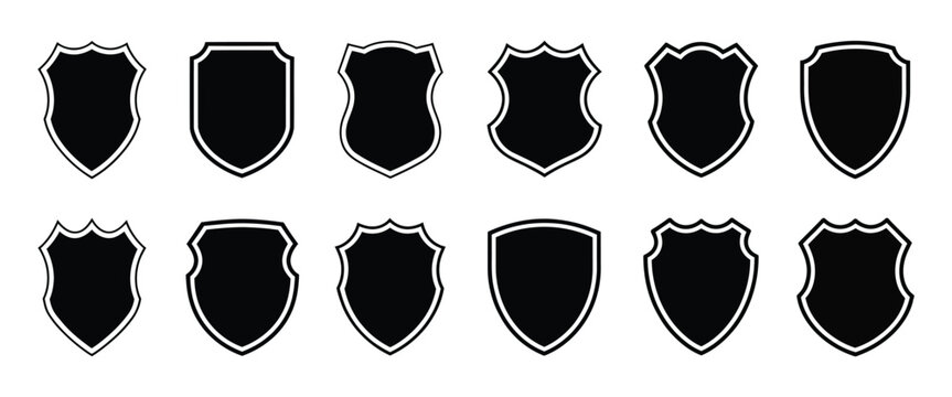 Police Badge Shape Vector Collection, Military Shield Silhouettes, Security and Football Patch Icons Isolated on White Background for Protection Design