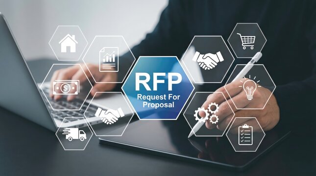Businessman working on laptop with rfp request for proposal icons