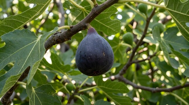 A ripe dark purple fig hanging from a branch on a fig tree