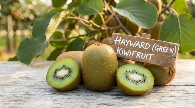 Fresh hayward green kiwifruit on a wooden table in an orchard