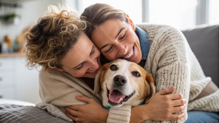 Obraz premium Two women joyfully hugging a happy dog on a cozy couch in a bright living room.