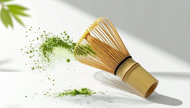 A bamboo whisk lies on a white surface with green matcha powder exploding from its tines nearby leaves.