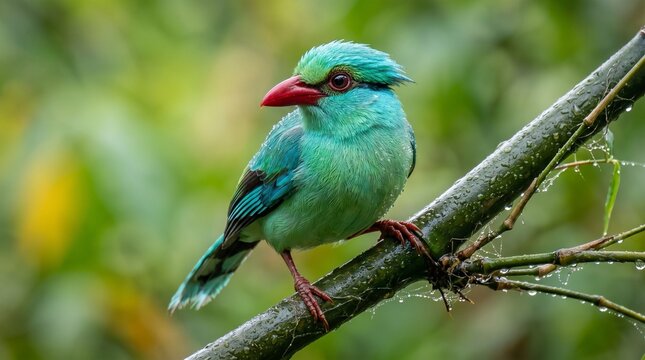 Critically endangered Javan Green Magpie bird with vibrant turquoise feathers on a bamboo twig.