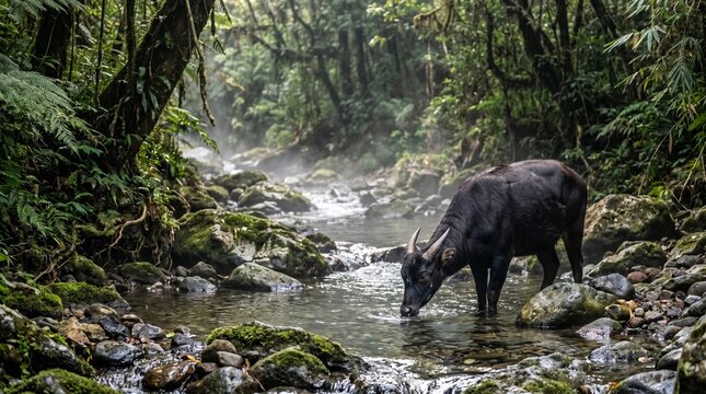 Rare Anoa dwarf buffalo drinking from a clear rocky river stream in a misty mountain forest.
