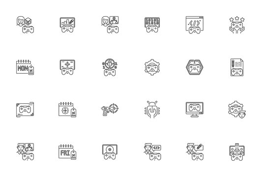 Game development icon set. Minimal vector icons. Featuring artist, video game, scriptwriter, development plan, bug detector, strategy and more. Editable vector stroke.