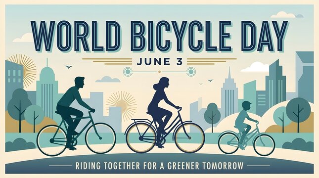 Bicycle riders illustration with cityscape backdrop a vector graphic for world bicycle day cyclist riding urban transportation movement